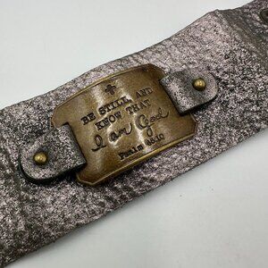 Leather Cuff Bracelet Metallic Silver Bronze Plate Be Still and Know Psalm 46:10